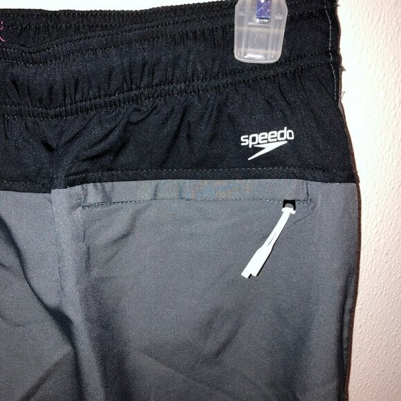 New Speedo Large Gray Black UPF 50 Drawstring Zip Pockets Swim Suit Trunks - Picture 7 of 11